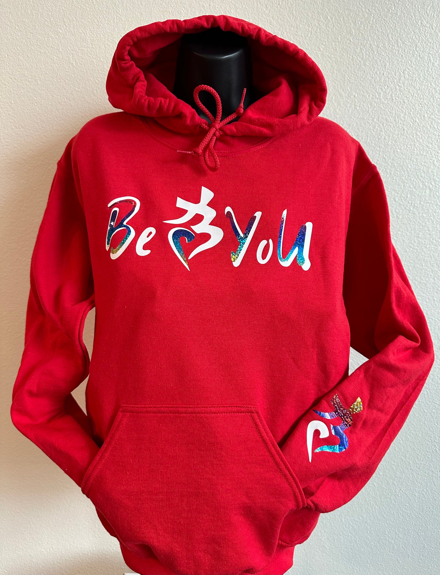 Red BeYoU Hoodie Size Small (Men’s size)Blue/White/Glitter Logo